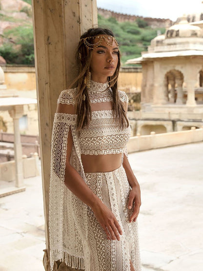 Deux pièces col haut bohème une ligne robes de mariée en dentelle