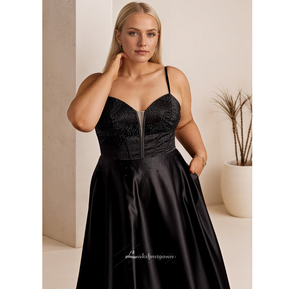 Plus Size Embellished Bodice Satin Ball Gown Black Evening Dresses HCM014