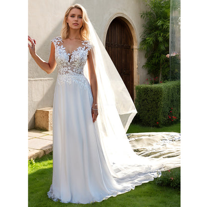 Vestido de novia con apliques de encaje y flores de talla grande con abertura lateral