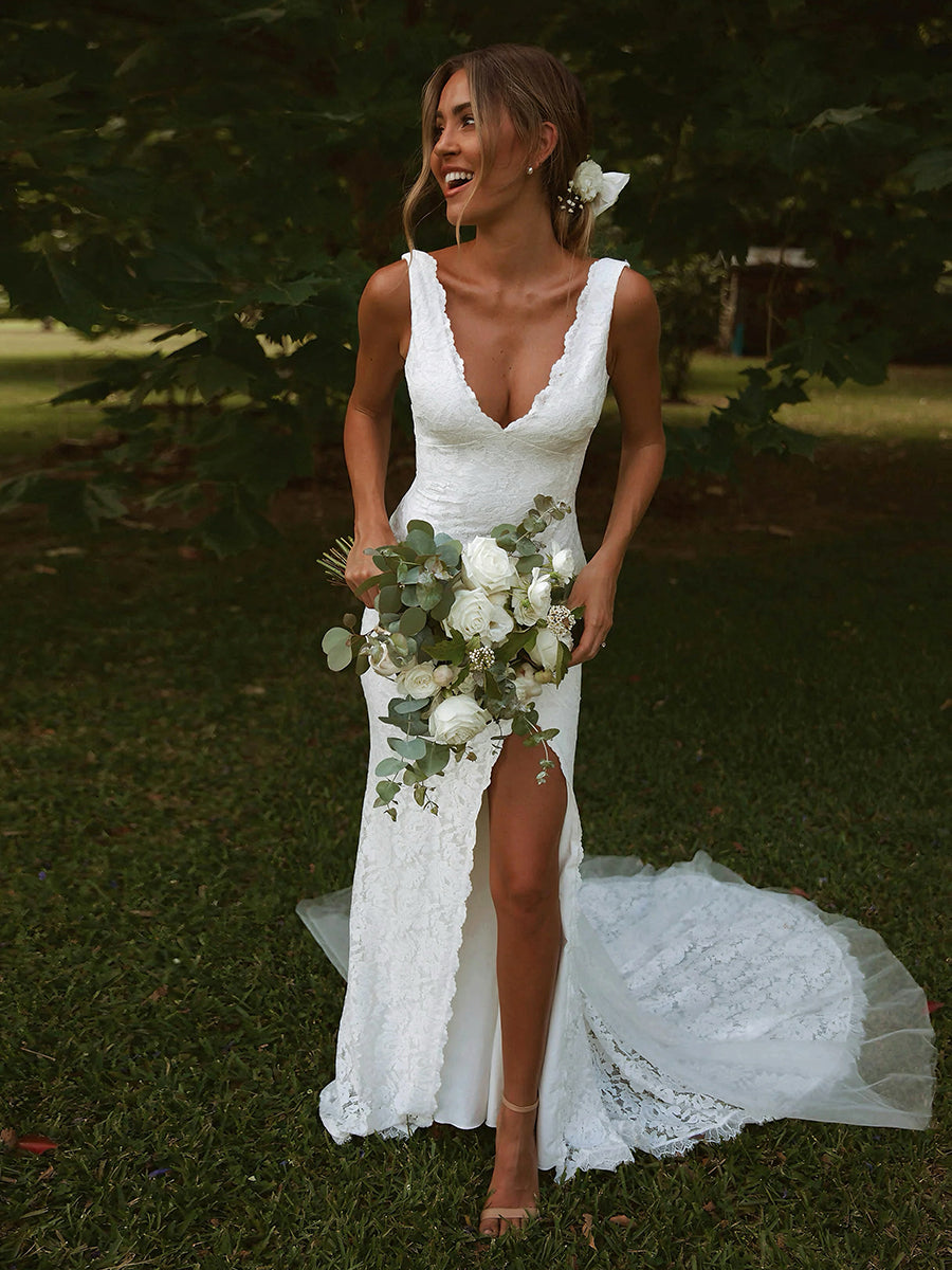 Deep V-Neck Backless Full Lace Tulle Sleeveless Mermaid Wedding Dress with Train