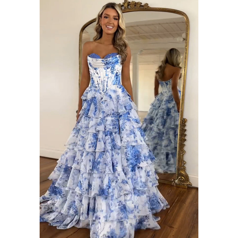 White Blue Flower Corset A Line Tiered Strapless Long Prom Dress