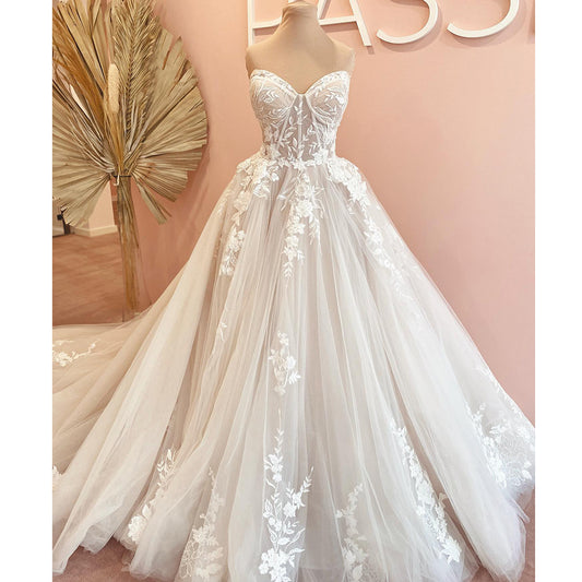 Court Train Champagne Wedding Dress Lace Bodice Bridal Gown