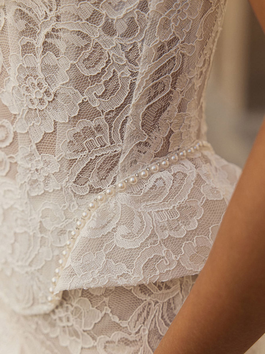 Spaghetti Straps Full Lace Pearls V-Neck Wedding Dress with Train