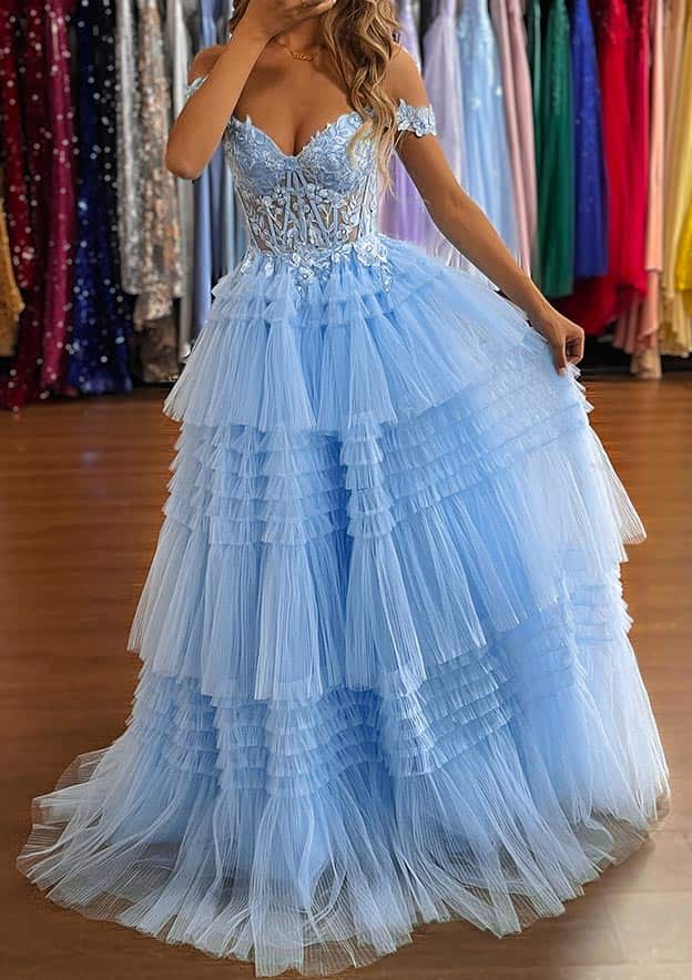 Off-the-Shoulder Sleeveless Sweep Train Tulle Prom Dress with Ruffles