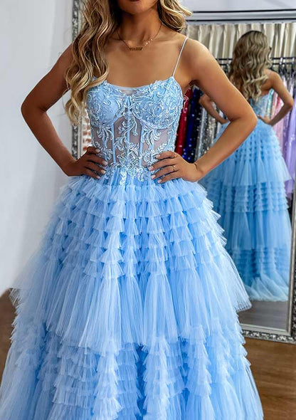 Sweetheart Sleeveless Sweep Train Tulle Prom Dress with Ruffles