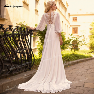 A Line V Neck Pleated Chiffon Wedding Dress with Lantern Sleeves