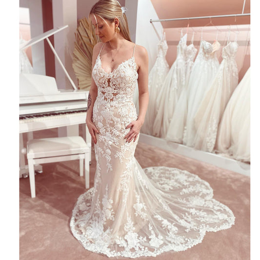 Spaghetti Straps Mermaid Wedding Dresses Champagne Bride Dress