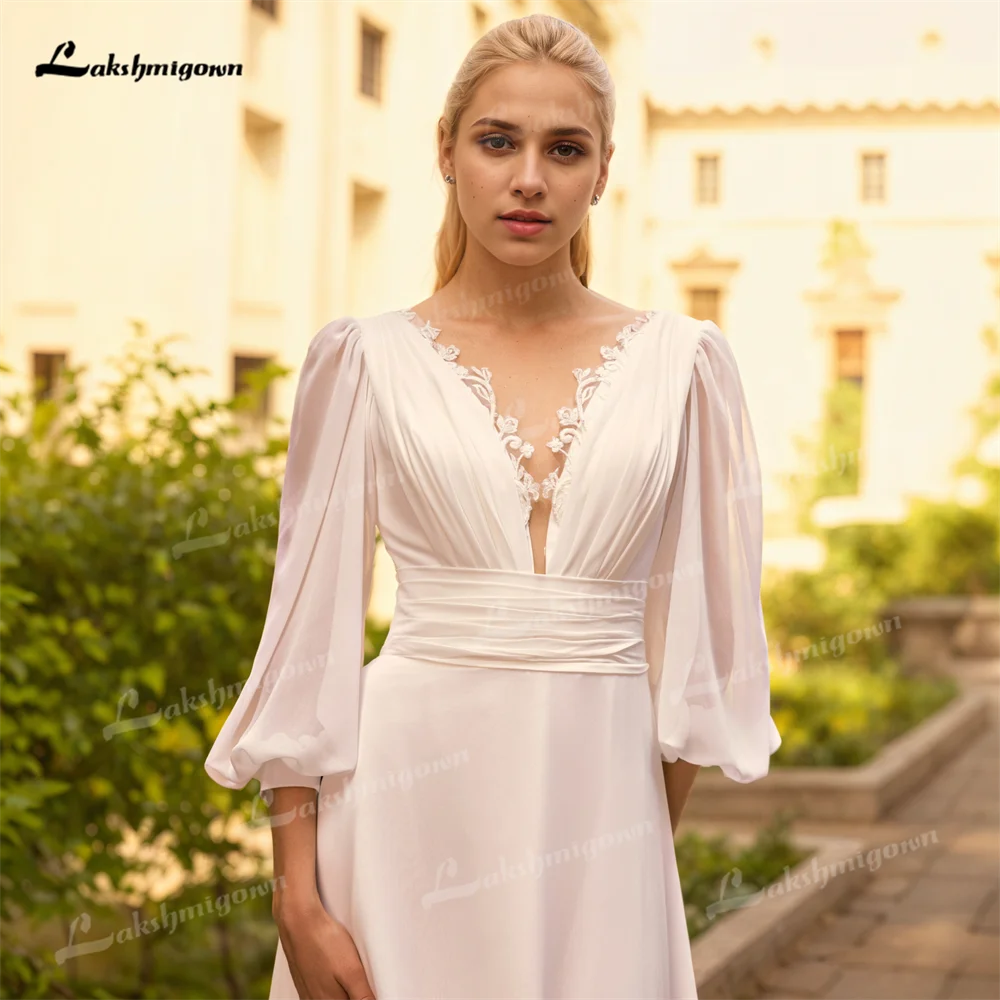 A Line V Neck Pleated Chiffon Wedding Dress with Lantern Sleeves