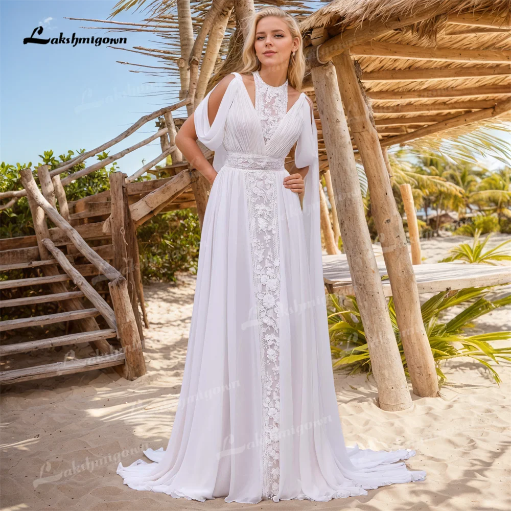 Chiffon A-line Beach Wedding Dress With Draped Twisted Straps
