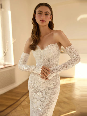 Sheath Strapless Lace Sequins Beaded Pearls Mermaid Wedding Dress with Train