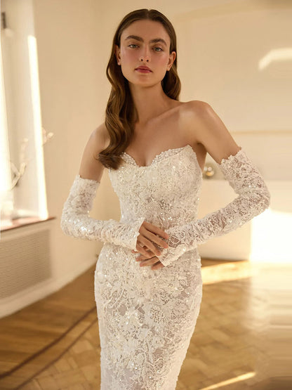 Sheath Strapless Lace Sequins Beaded Pearls Mermaid Wedding Dress with Train