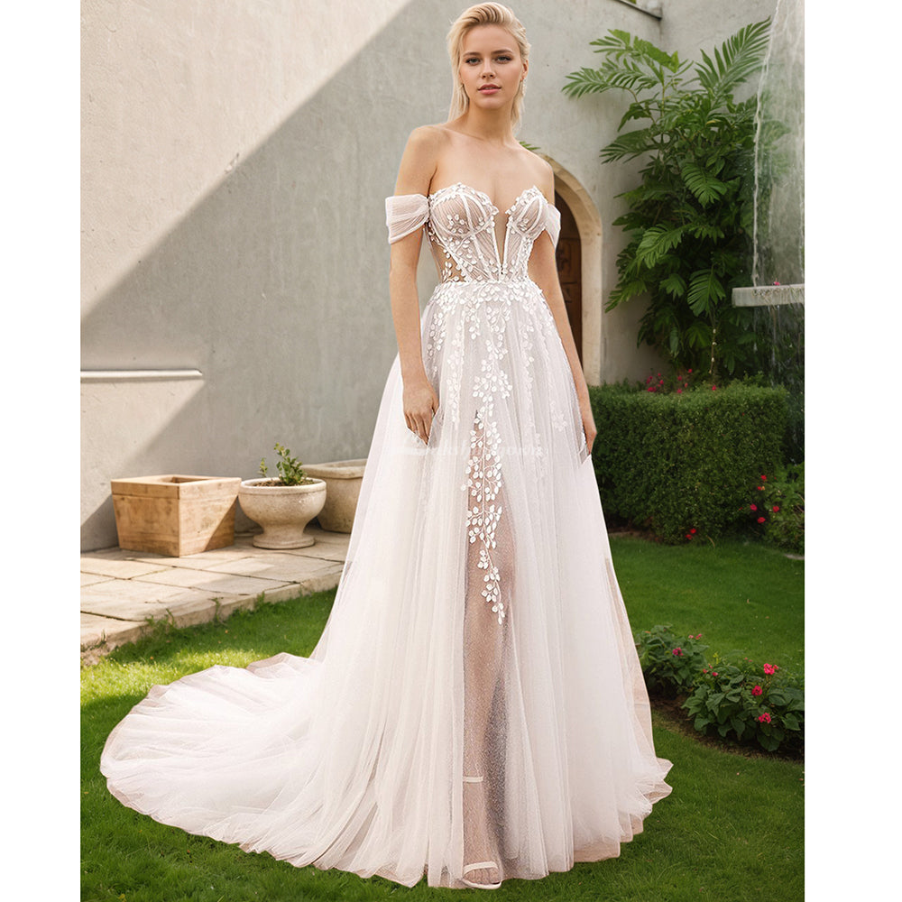 Off The Shoulder Sweetheart Lace Boho Beach A-Line Wedding Dress with Side Slit