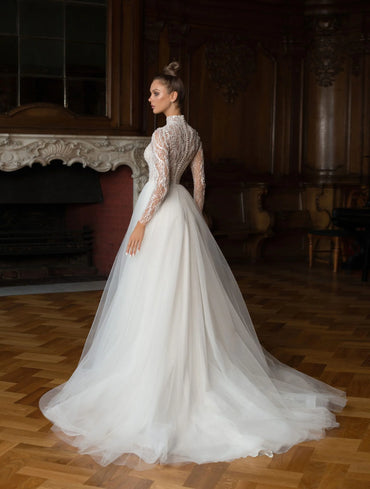 A-Line High Neck Long Sleeves Tulle Beaded Sequins Wedding Dress with Train
