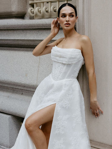 A-Line Strapless High Slit Embroidery Appliques Wedding Dress with Train