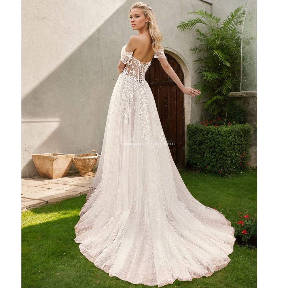 Off The Shoulder Sweetheart Lace Boho Beach A-Line Wedding Dress with Side Slit