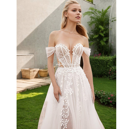 Off The Shoulder Sweetheart Lace Boho Beach A-Line Wedding Dress with Side Slit