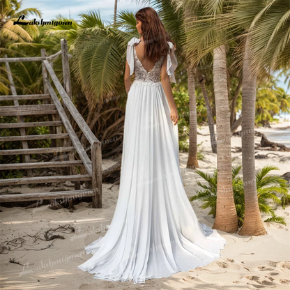 V Neck A Line Chiffon Beach Wedding Dresses with bow
