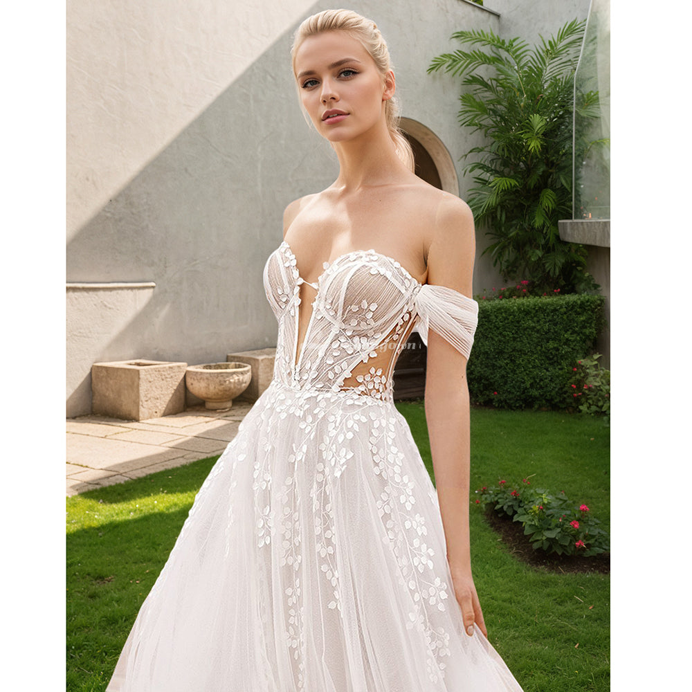 Off The Shoulder Sweetheart Lace Boho Beach A-Line Wedding Dress with Side Slit