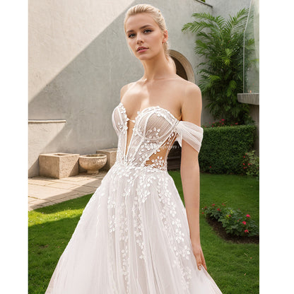 Off The Shoulder Sweetheart Lace Boho Beach A-Line Wedding Dress with Side Slit