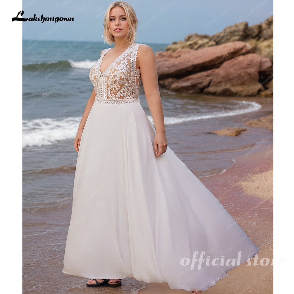 Classic Plus Size Beach V Neck Lace Appliques Chiffon A Line Wedding Dress 2025