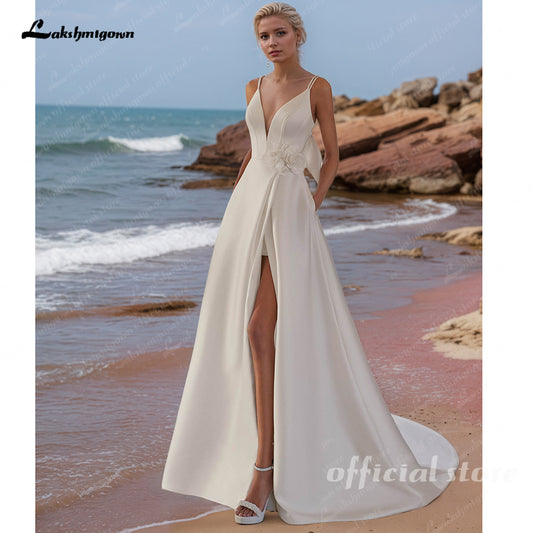 Elegant Satin Wedding Dresses Spaghetti Straps Bow A-Line Side Slit Bride Celebrity Gown
