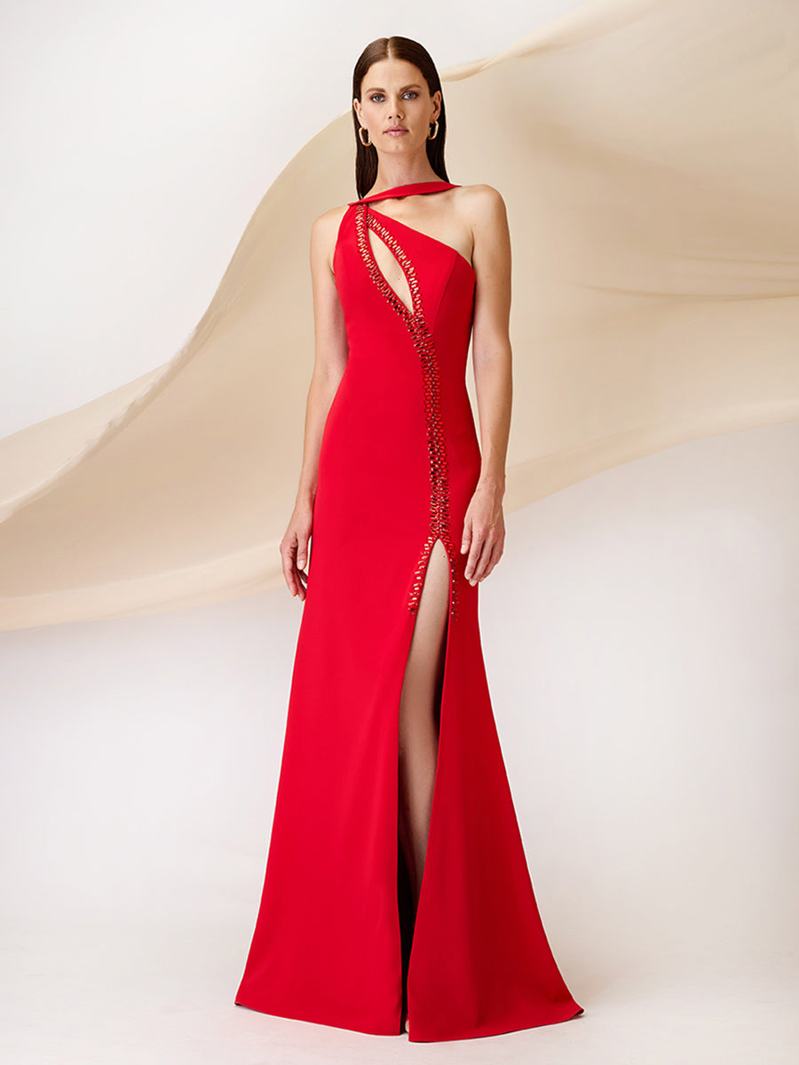 Asymmetrical Cutout Beaded High Slit Backless Mother of the Bride Dress with Train