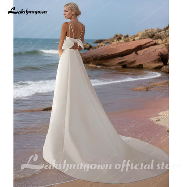 Elegant Satin Wedding Dresses Spaghetti Straps Bow A-Line Side Slit Bride Celebrity Gown