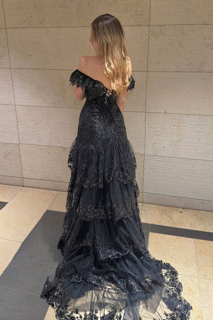 Sheath Off the Shoulder Long Lace Prom Dress with Lace-up Back