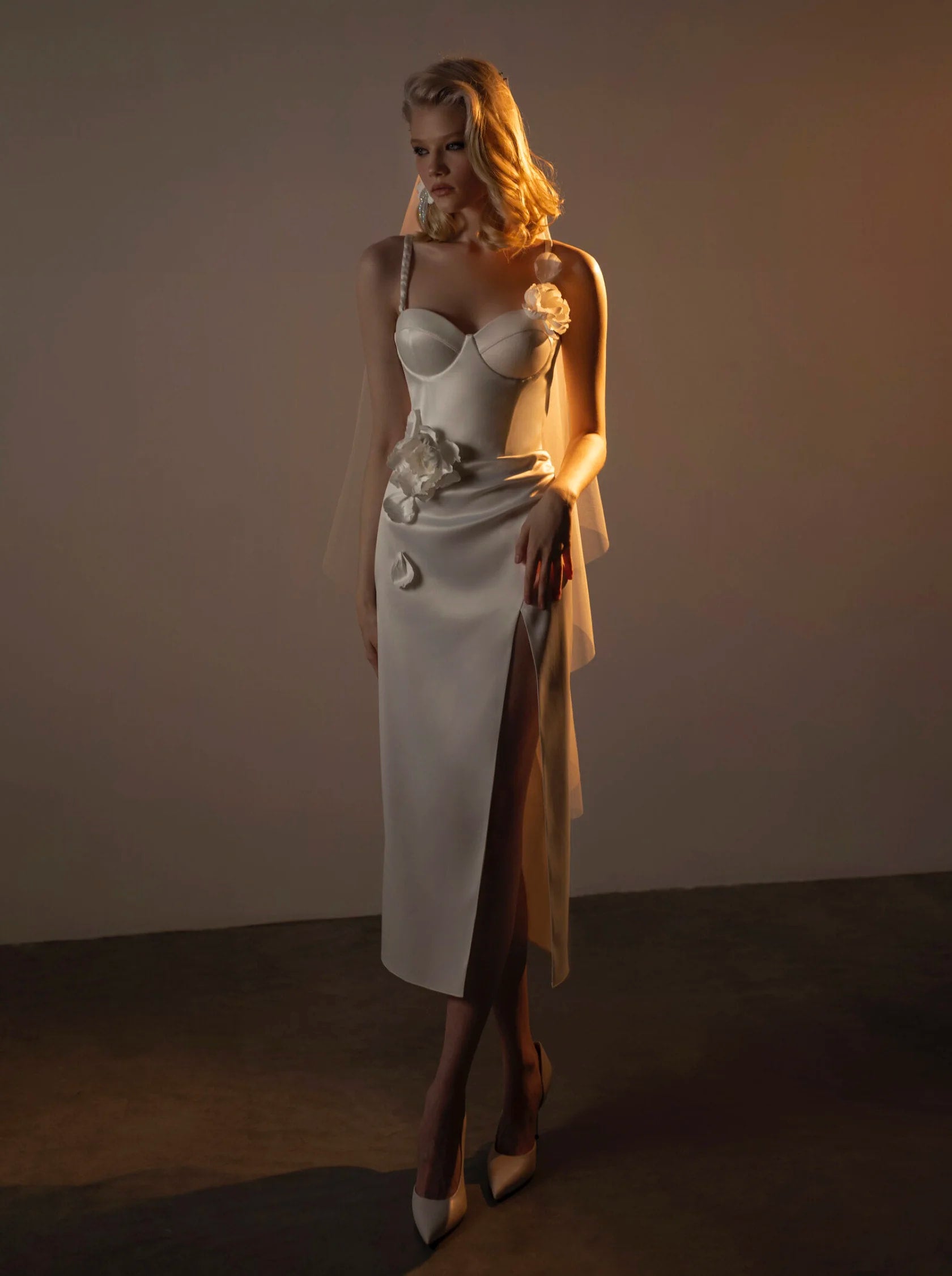Spaghetti Straps Sweetheart 3D Flower High Slit Draped Wedding Dress