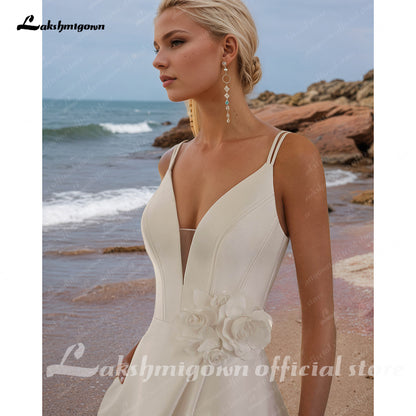 Elegant Satin Wedding Dresses Spaghetti Straps Bow A-Line Side Slit Bride Celebrity Gown