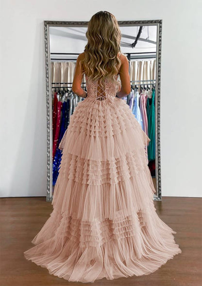 Sweetheart Sleeveless Sweep Train Tulle Prom Dress with Ruffles