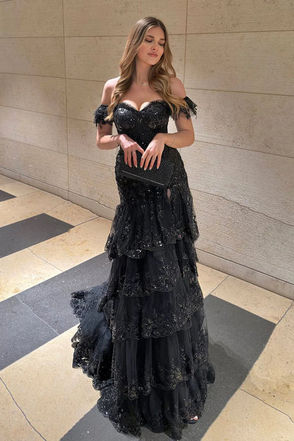 Sheath Off the Shoulder Long Lace Prom Dress with Lace-up Back