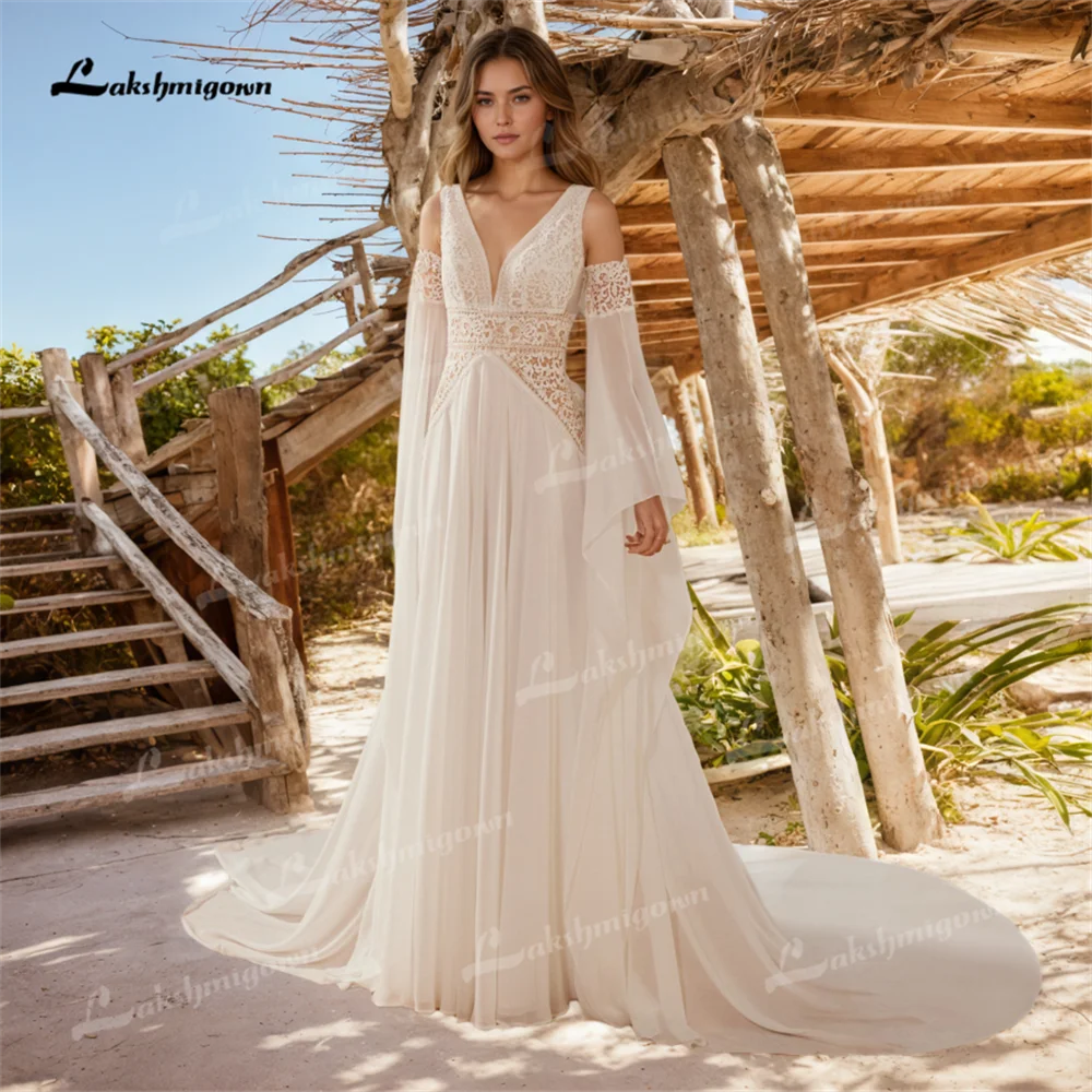 A Line Chiffon Beach Wedding Dress with Detachable Sheer Sleeves