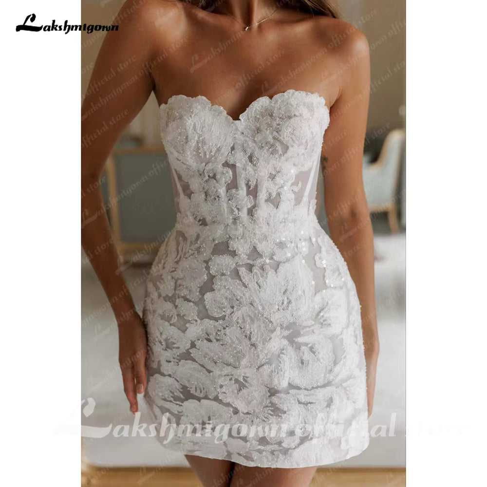 Sexy Glitter Lace Shiny Mini Short Wedding Dresses Bridal Gowns