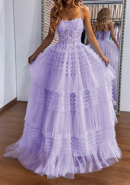 Sweetheart Sleeveless Sweep Train Tulle Prom Dress with Ruffles