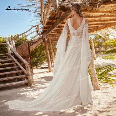 A Line Chiffon Beach Wedding Dress with Detachable Sheer Sleeves