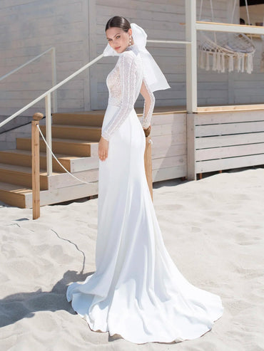 High Neck Long Sleeves Lace Illusion High Slit Mermaid Wedding Dress with Train