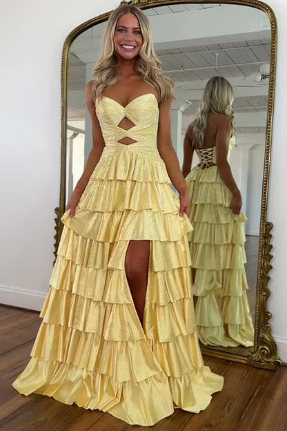 Sparkly Yellow Sweetheart A-Line Satin Ruffled Cut-Out Long Prom Dress with Beading