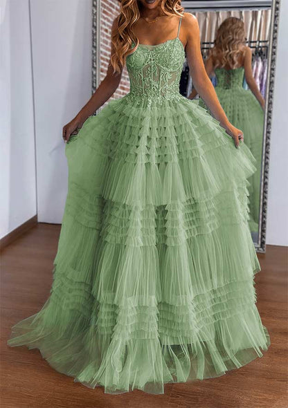 Sweetheart Sleeveless Sweep Train Tulle Prom Dress with Ruffles