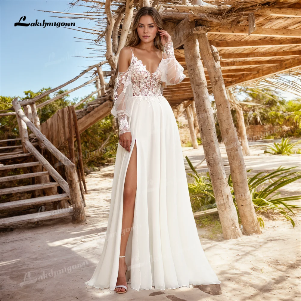 A Line Chiffon Boho Beach Wedding Dress with Long Sleeves – LAKSHMIGOWN