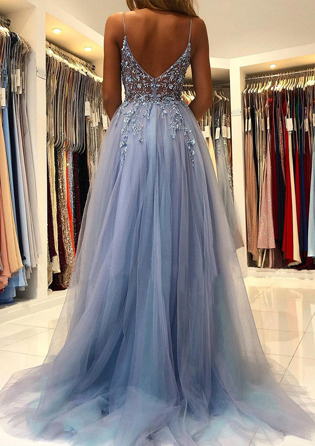 V Neck Spaghetti Straps Sweep Train Tulle Prom Dress With Beading Sequins Split