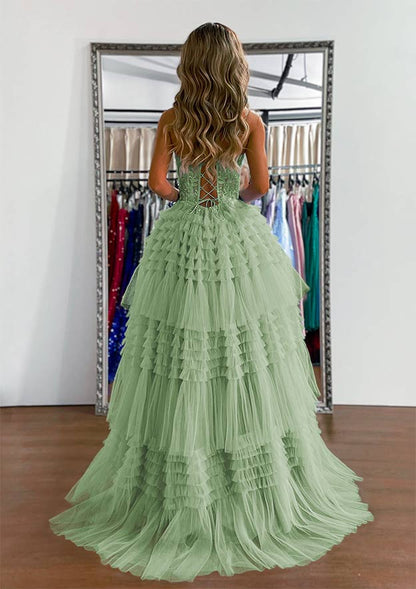 Sweetheart Sleeveless Sweep Train Tulle Prom Dress with Ruffles