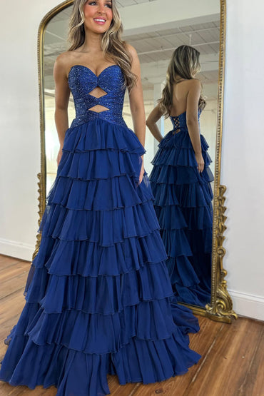 A Line Sweetheart Keyhole Chiffon Tiered Prom Dress with Hot Fix