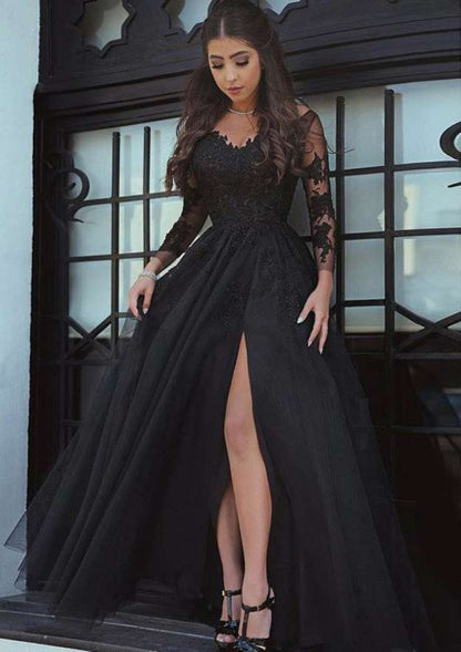 Black Long Sleeve Prom Dress With Appliqued
