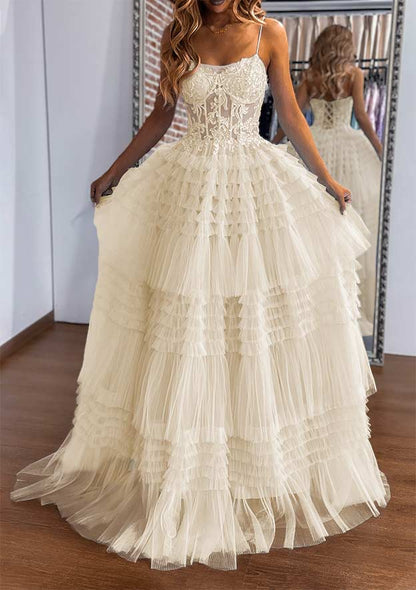 Sweetheart Sleeveless Sweep Train Tulle Prom Dress with Ruffles