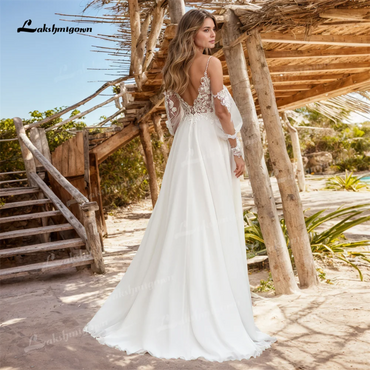 A Line Chiffon Boho Beach Wedding Dress with Long Sleeves