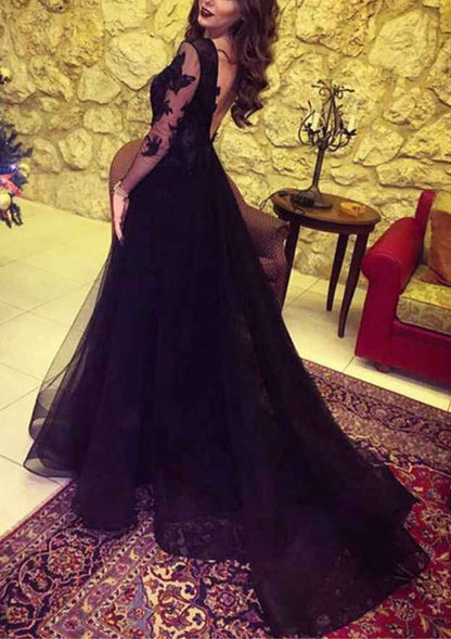 Black Long Sleeve Prom Dress With Appliqued