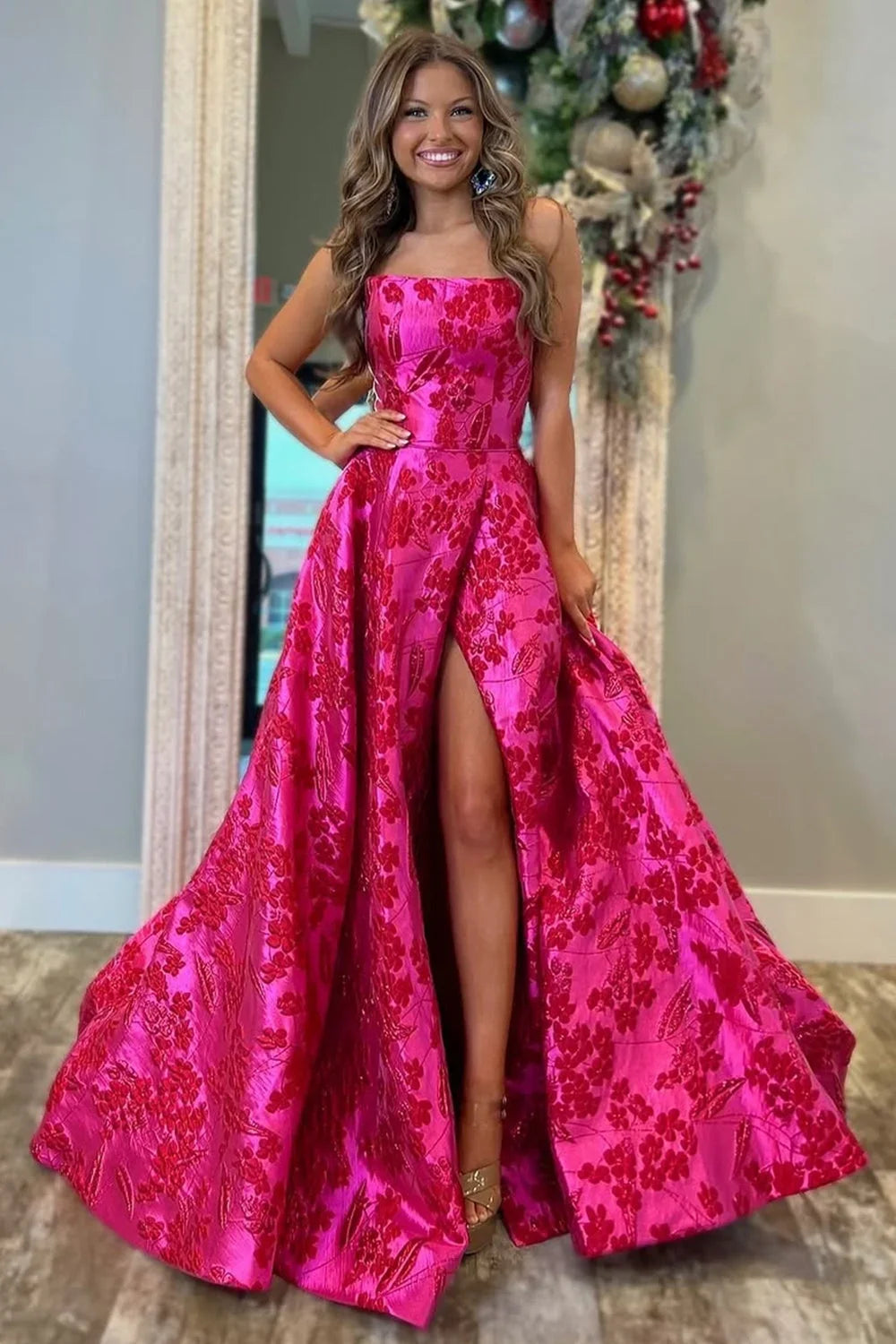 Fuchsia Floral Strapless Prom Dress with Side High Slit