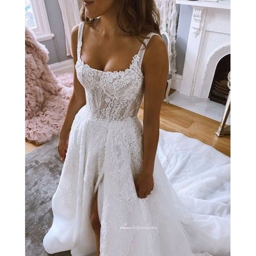 Square Neck Split Wedding Dresses with Appliques