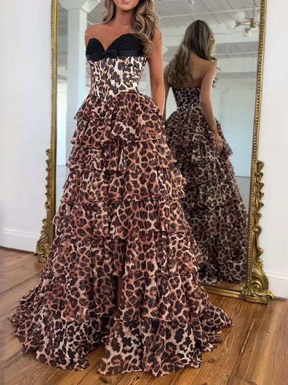 Leopard Print Strapless Black Trim Prom Dress Ruffled Tiered Skirt High Slit